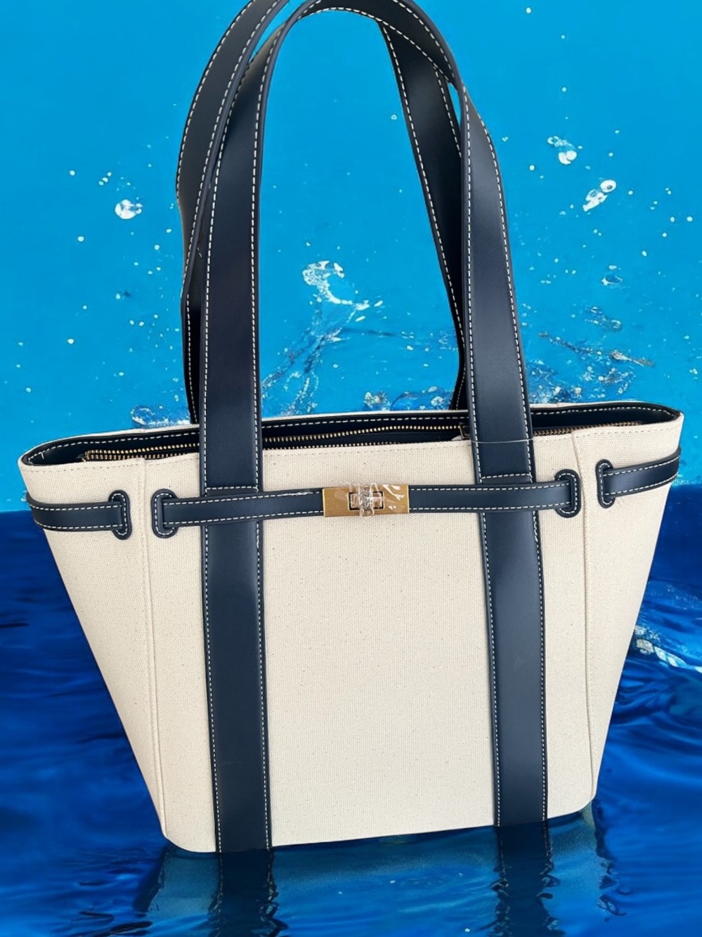 Canvas Steve Madden Tote Bag with Navy Trim - Women's Shoulder Bag